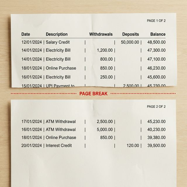 Example of a transaction split across two pages